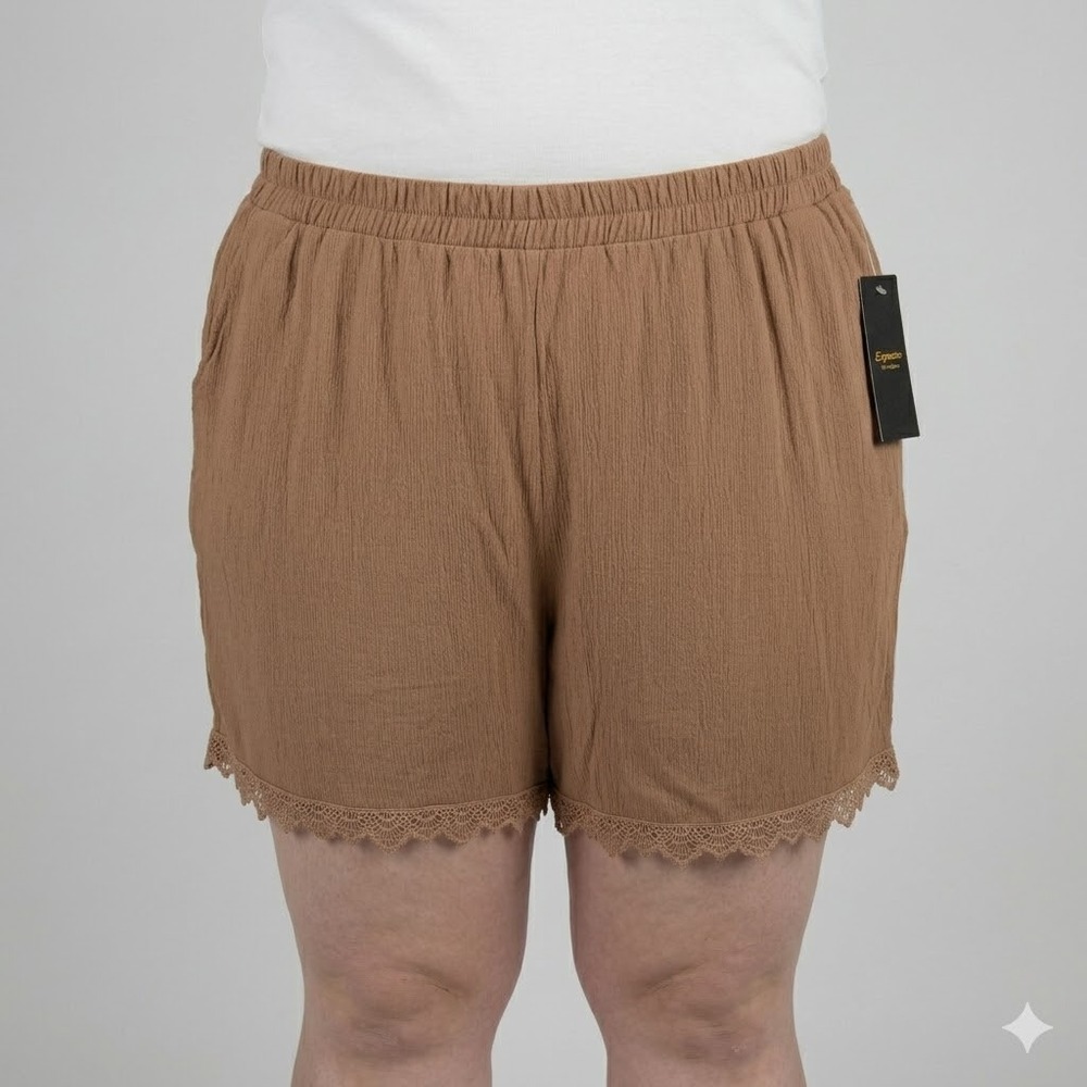 Espresso Crochet Lace Trim Shorts Gauze Texture Plus Size 3X Brown NWT